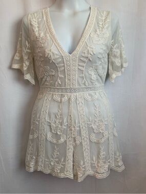 SAY WHAT? Med Romper Ivory White Lace Sheer Lined Boho Vintage Style